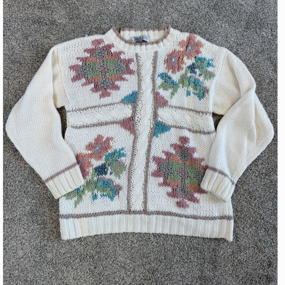 Vintage Cottage Granny Floral Chunky Knit Sweater Cream Womens Medium Boho‎